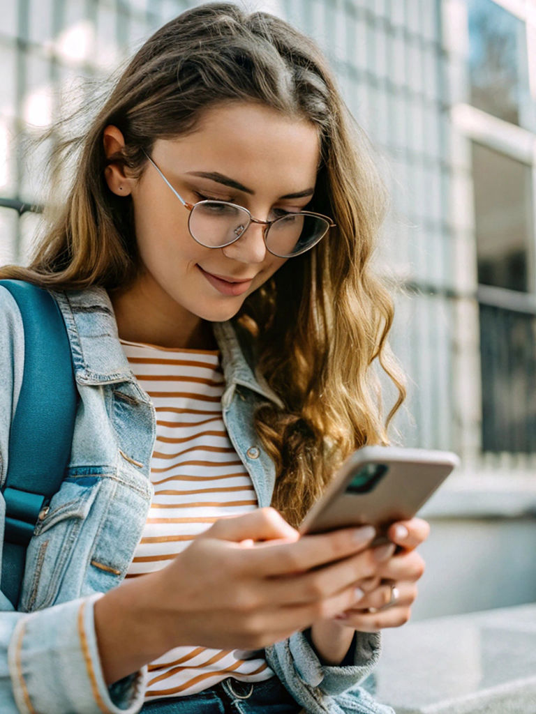 Woman Wearing Glasses Is Looking Her Phone Wearing Denim Jacket