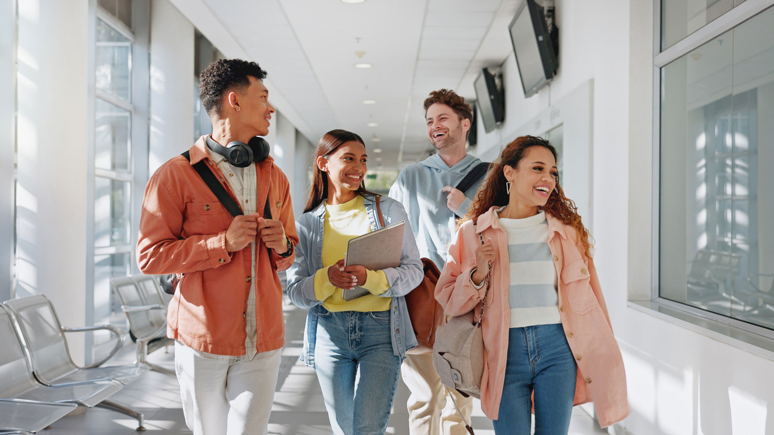 Walking College Students Break Talking Speaking Scholarship Education Future Plan Campus Learning School Happy Friends University Corridor Bonding Social Conversation
