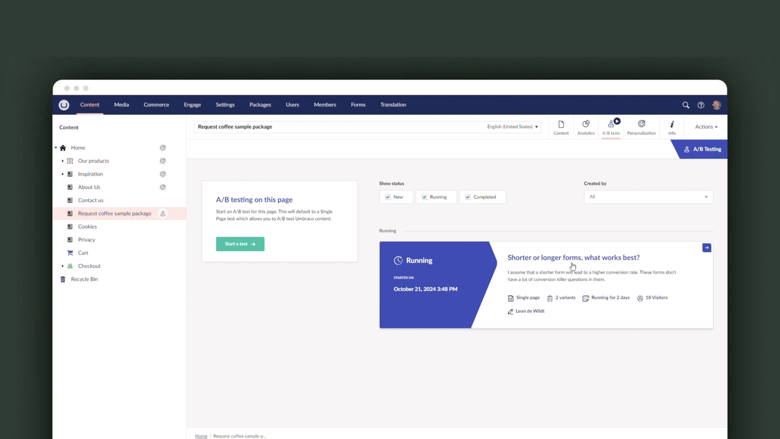 Screenshot van Umbraco Engage conversie optimalisatie