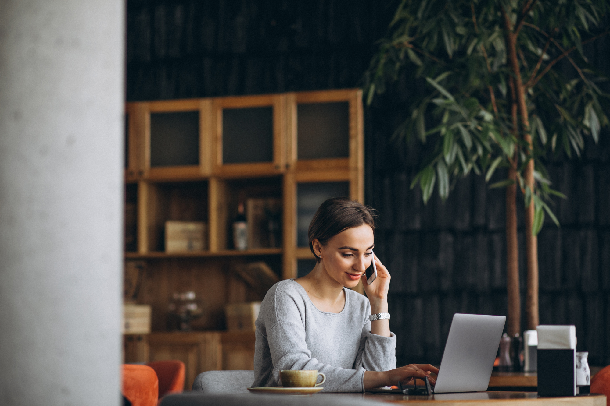 Woman Sitting Cafe Drinking Coffee Working Computer